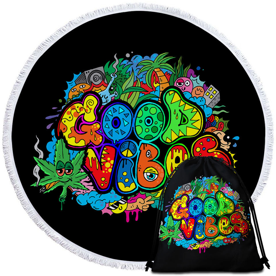 Colorful Good Vibes Round Beach Towel