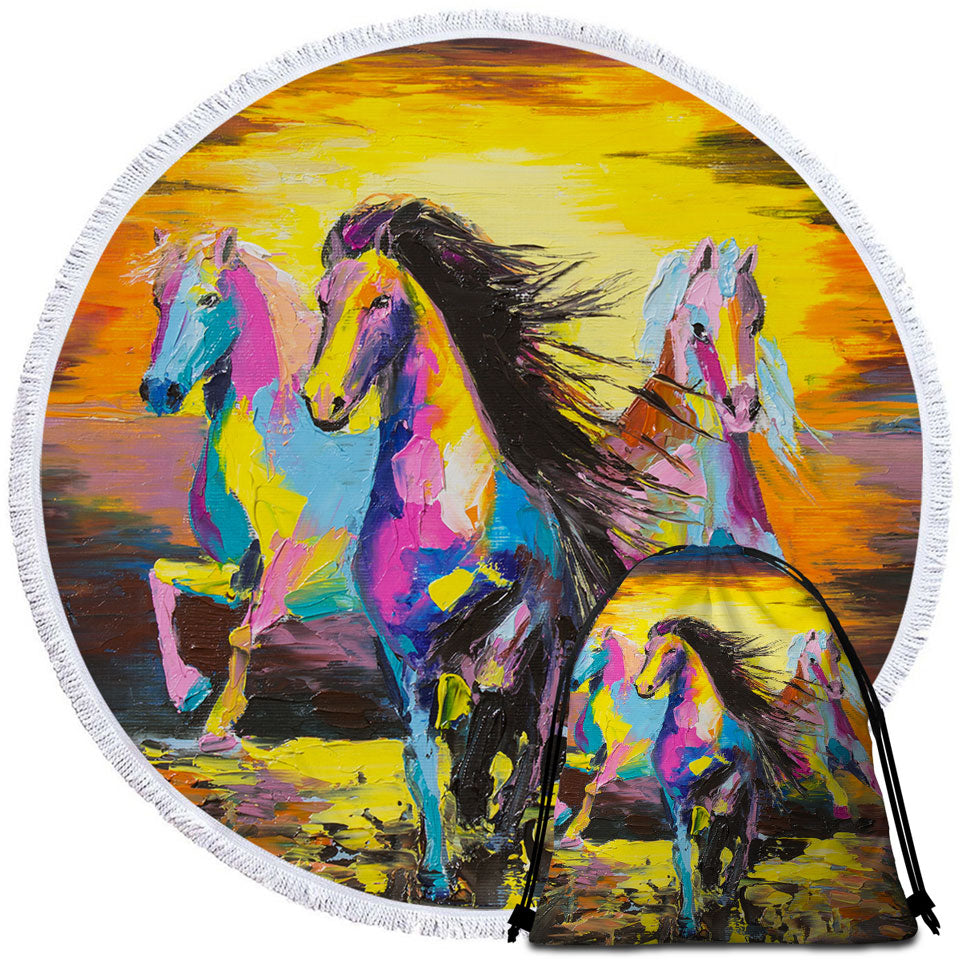 Colorful Horses Round Beach Towel