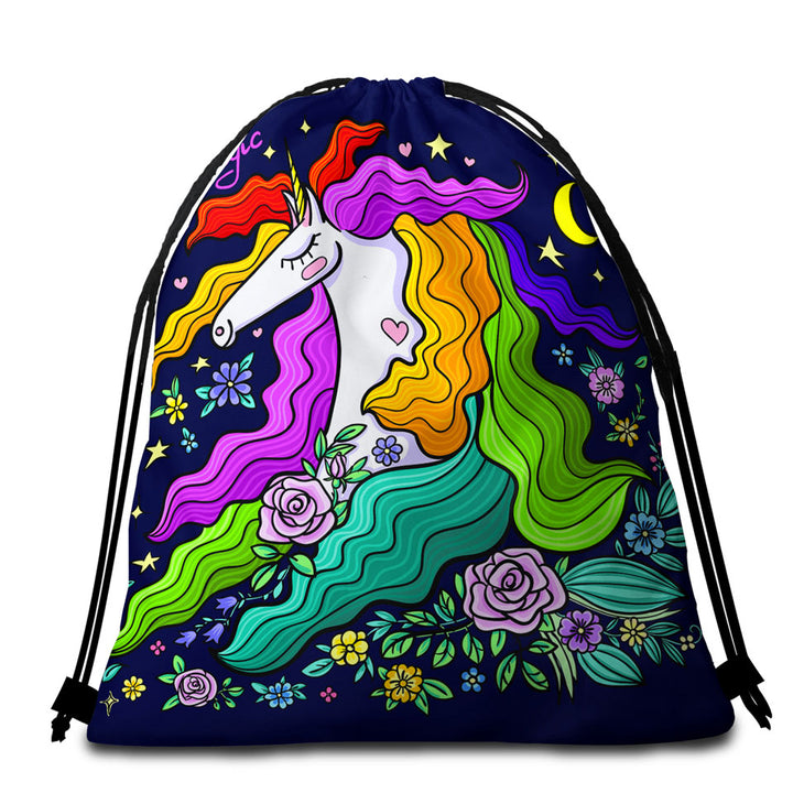 Colorful Long Haired Unicorn Beach Towel Bags for Girl