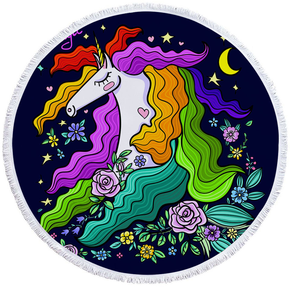 Colorful Long Haired Unicorn Round Towel for Girls