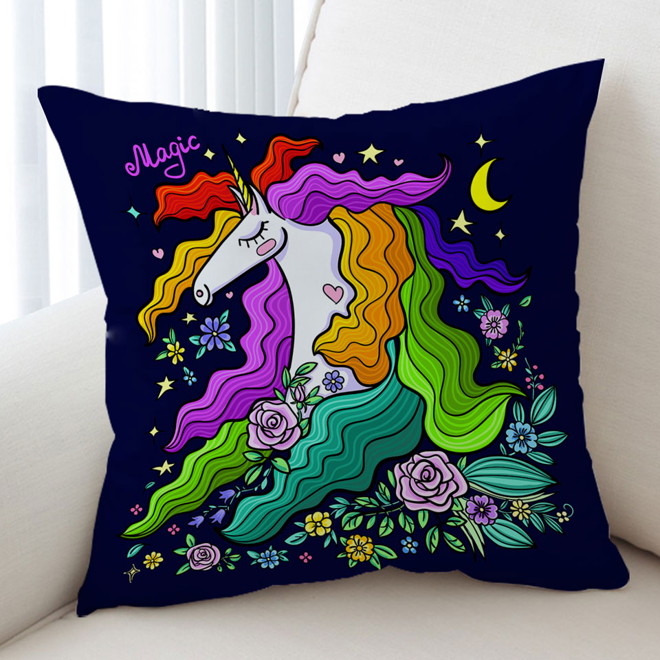 Colorful Long Haired Unicorn Throw Pillow Cover
