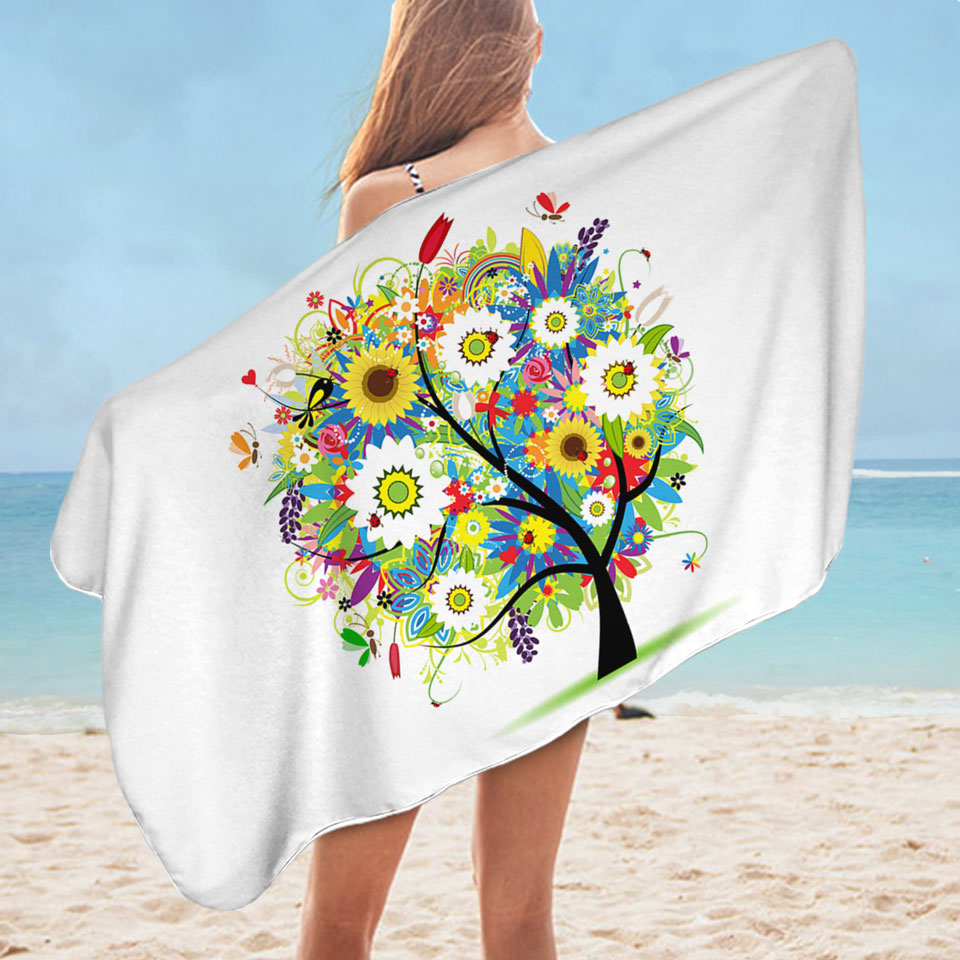 Colorful Messy Flowers Tree Lightweight Beach Towel