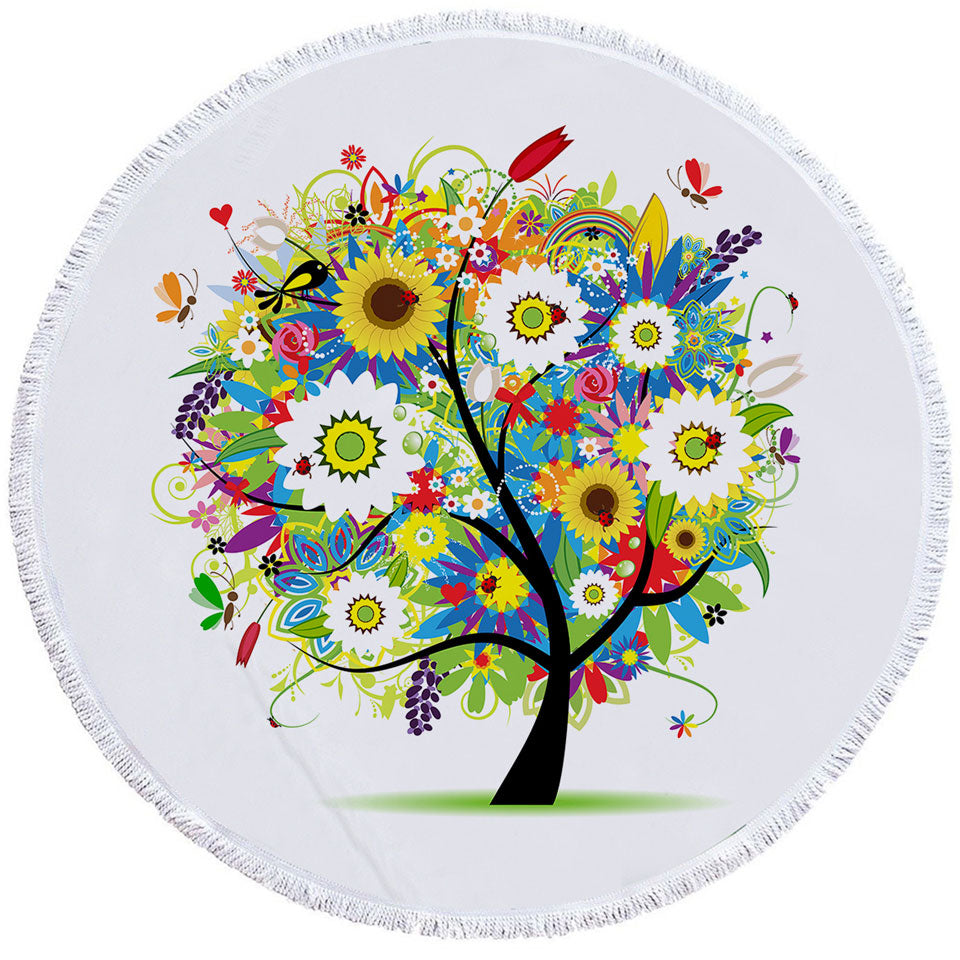 Colorful Messy Flowers Tree Round Beach Towel