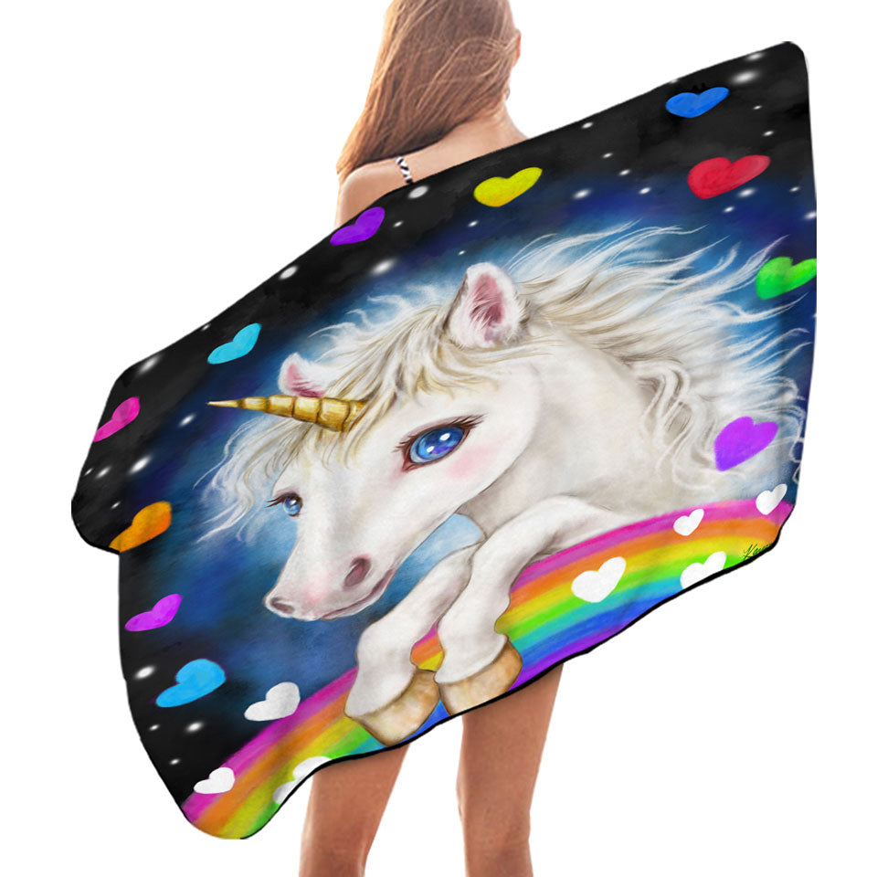 Colorful Microfibre Beach Towels with Lovely Unicorn Rainbow and Hearts