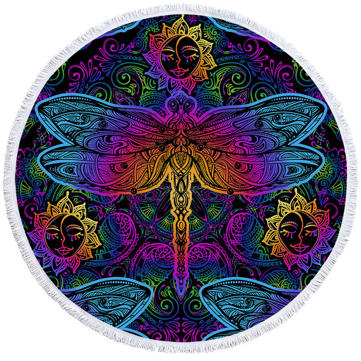 Colorful Oriental Dragonfly Round Beach Towel