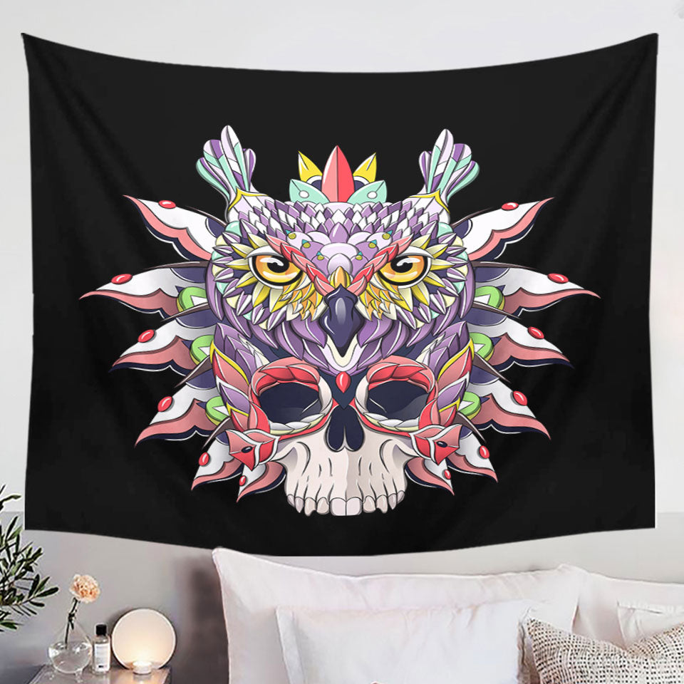 Colorful Owl and Skull Tapestry