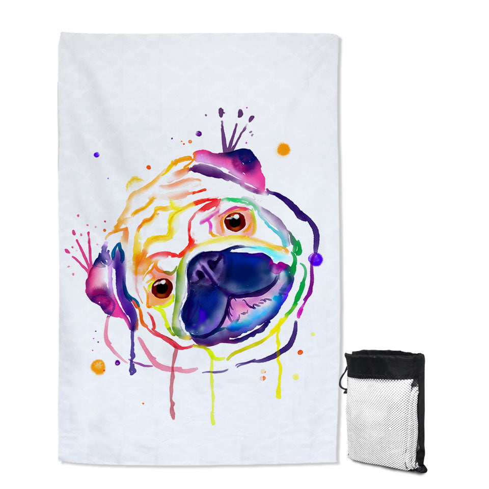 Colorful Painted Pug Beach Towel