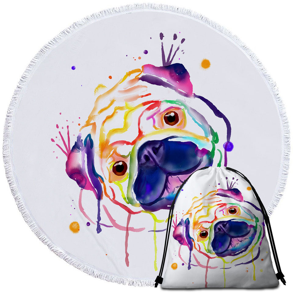 Colorful Painted Pug Round Beach Towel