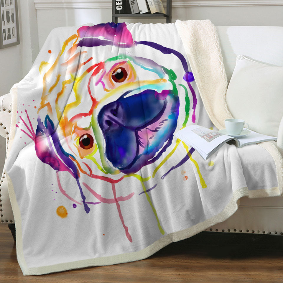 Colorful Painted Pug Throw Blanket