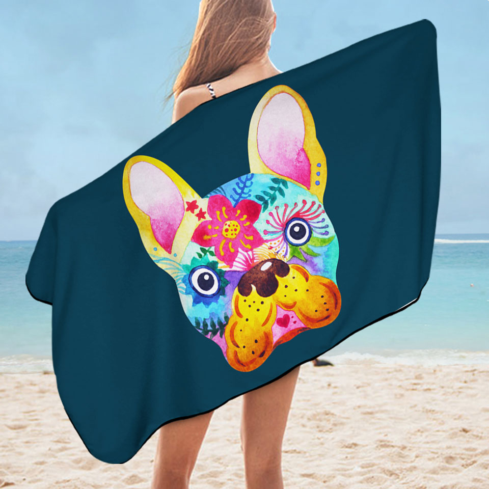 Colorful Painting of French Bulldog Lightweight Beach Towel