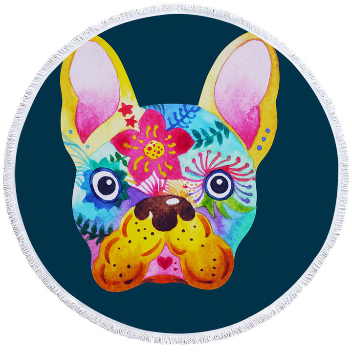 Colorful Painting of French Bulldog Round Beach Towel