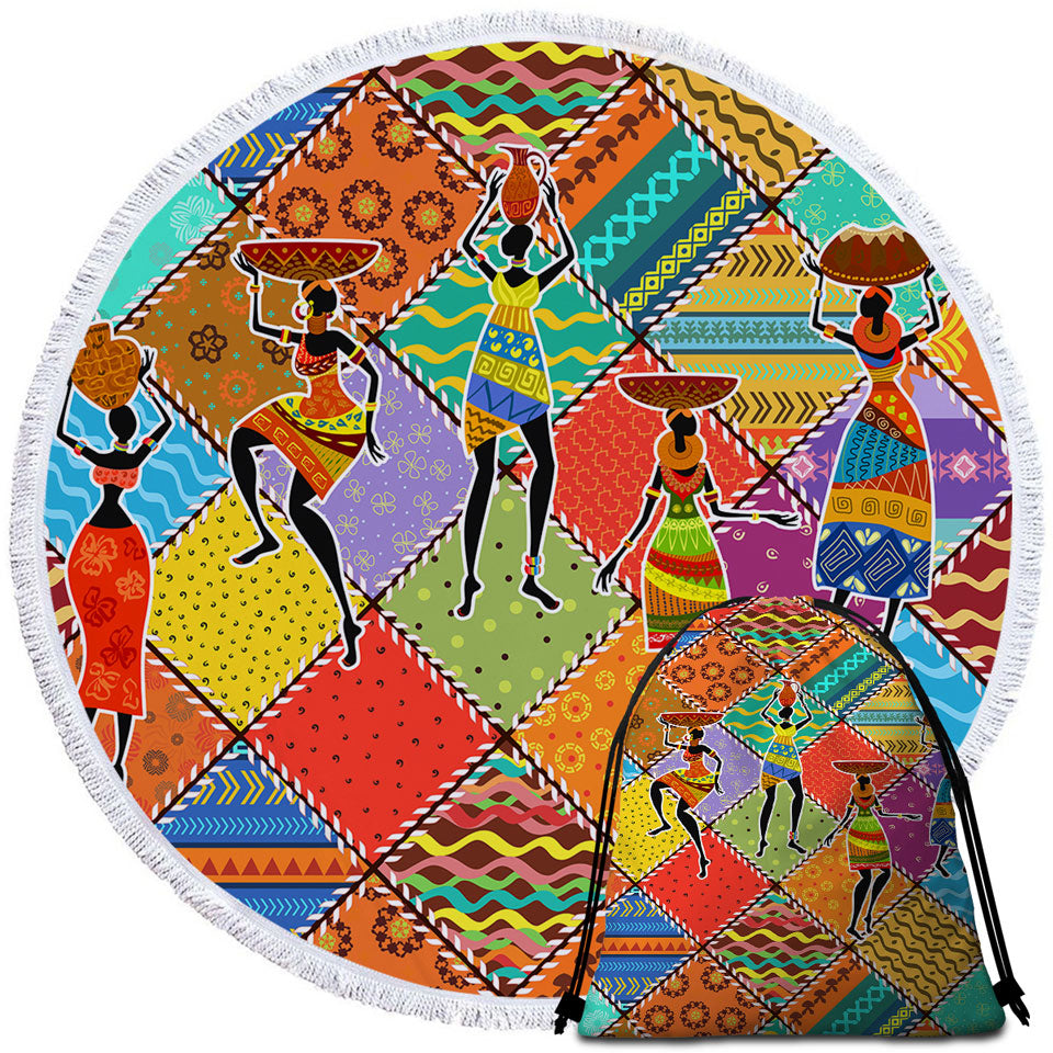 Colorful Patches and African Women Round Towel