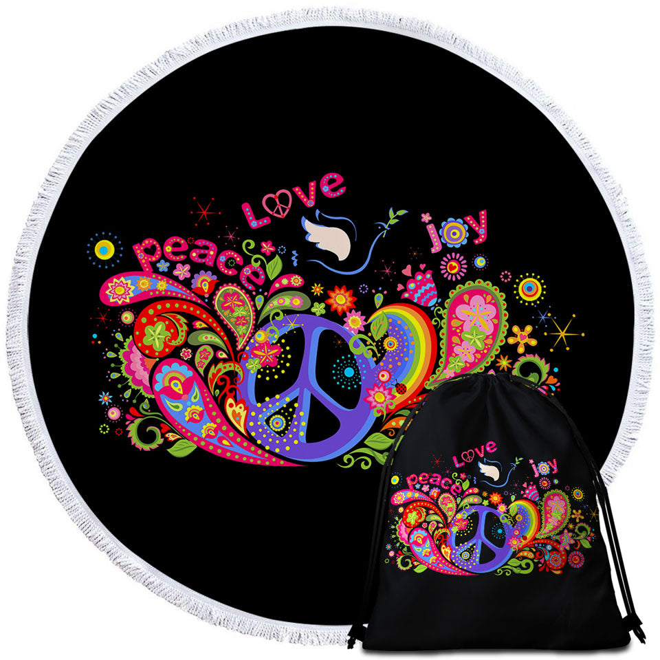 Colorful Retro Beach Towels and Bags Set Peace Love and Joy