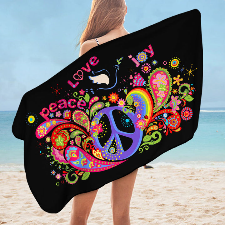 Colorful Retro Microfiber Beach Towel Peace Love and Joy