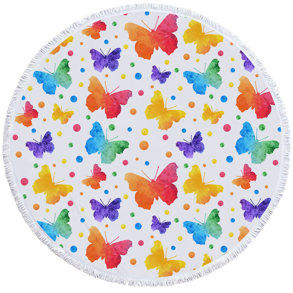 Colorful Round Beach Towel Dots and Butterflies