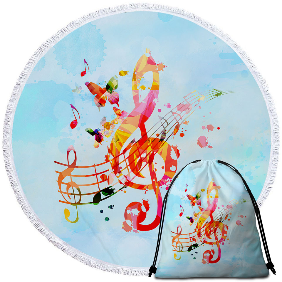Colorful Round Beach Towel Music Note Over Sky