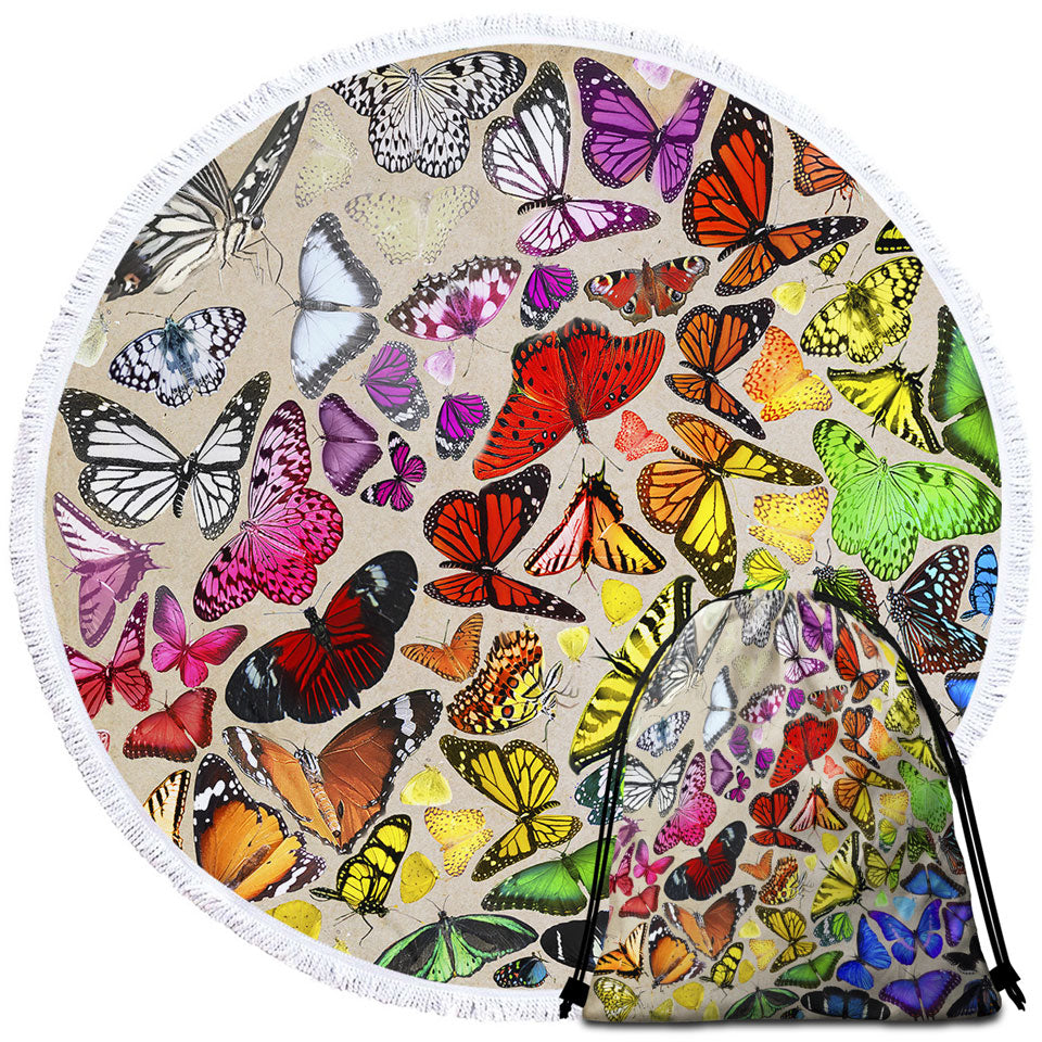 Colorful Round Beach Towel Rainbow Cluster of Butterflies
