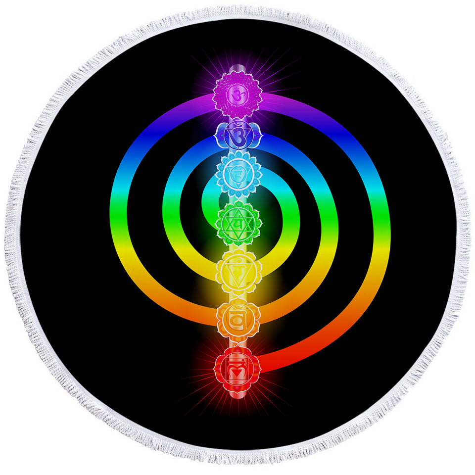 Colorful Round Beach Towel Rainbow Spiritual Oriental Symbols