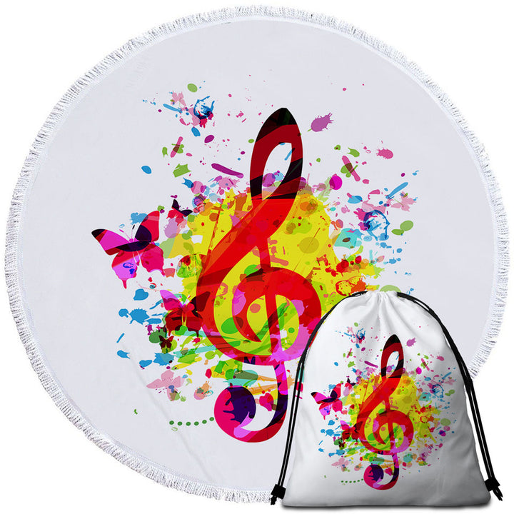 Colorful Round Beach Towel Splash Treble Clef and Butterflies