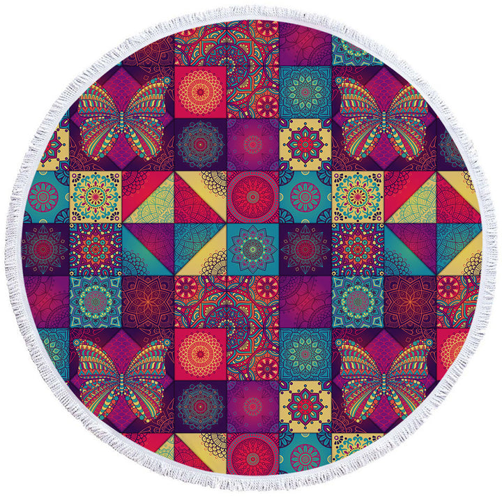 Colorful Round Beach Towel with Oriental Moroccan Mandala Tiles