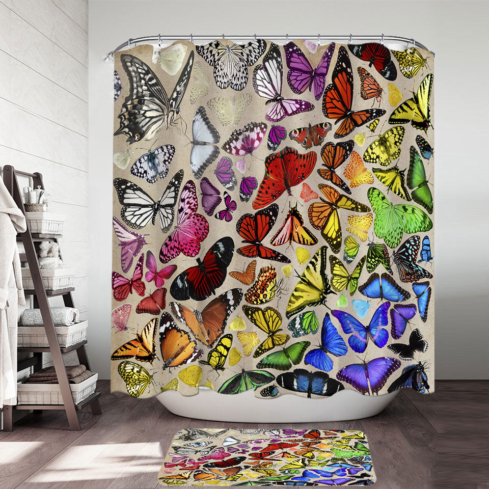 Colorful Shower Curtains Rainbow Cluster of Butterflies