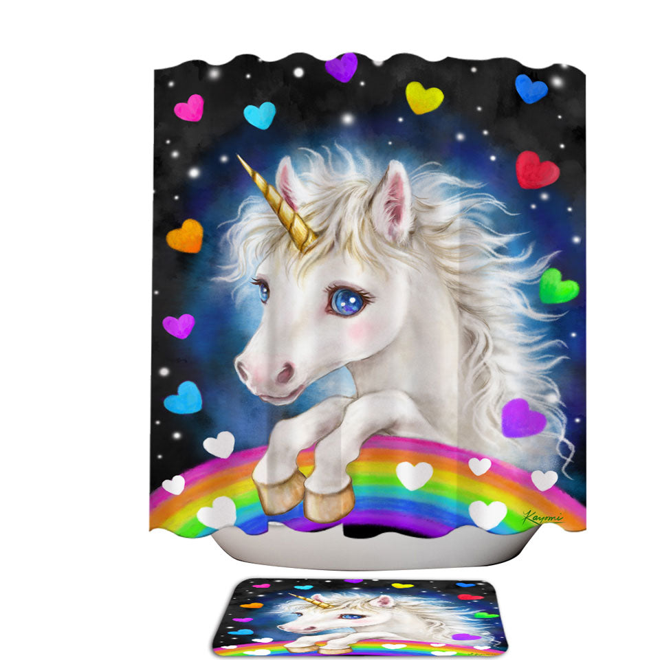 Colorful Shower Curtains with Lovely Unicorn Rainbow and Hearts