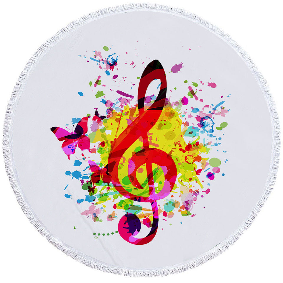 Colorful Splash Circle Beach Towel Treble Clef and Butterflies