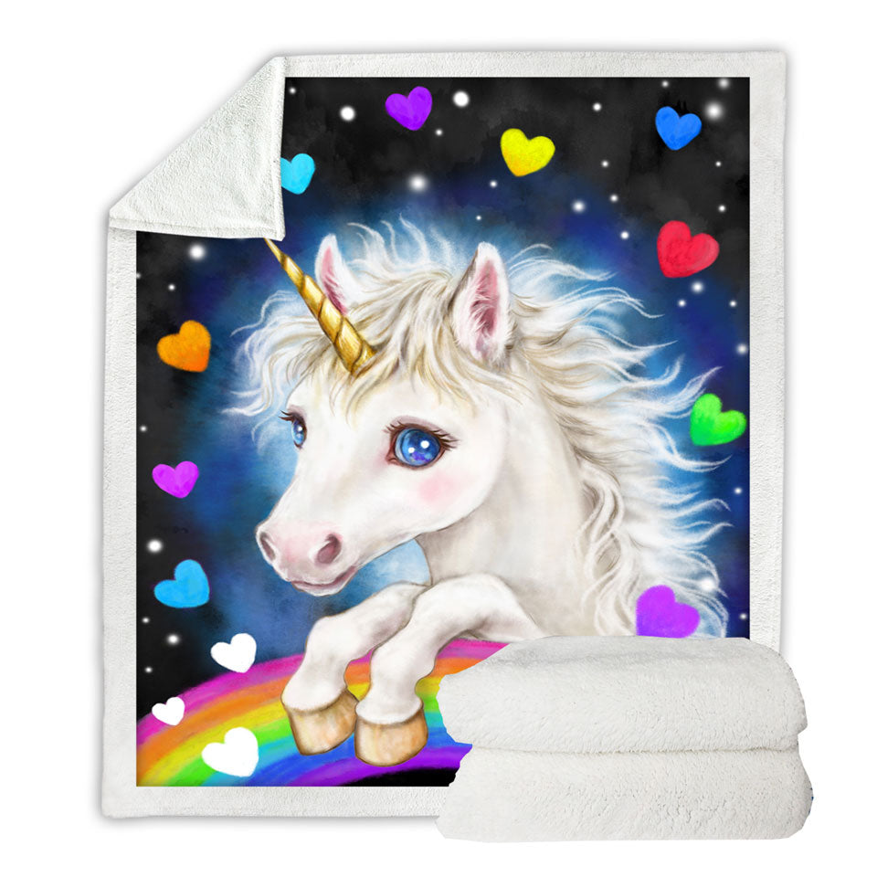 Colorful Throw Blanket with Lovely Unicorn Rainbow and Hearts