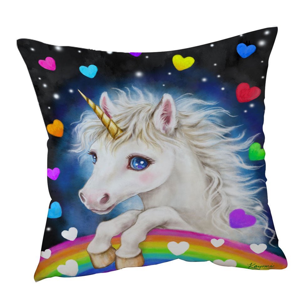 Colorful Throw Pillows with Lovely Unicorn Rainbow and Hearts