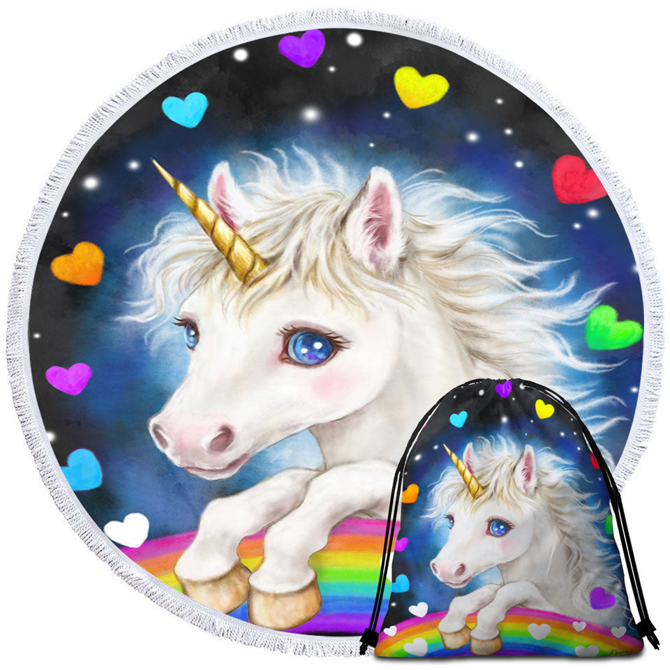 Colorful Travel Beach Towel with Lovely Unicorn Rainbow and Hearts