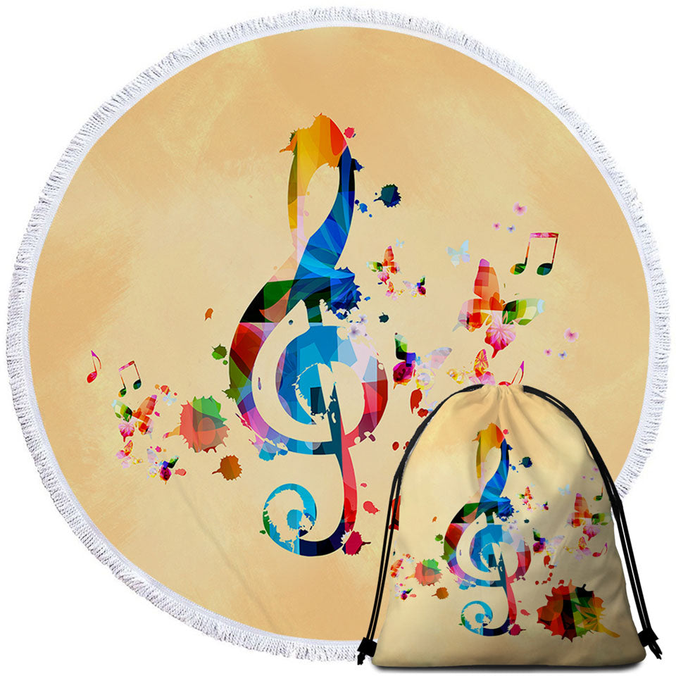 Colorful Treble Clef and Music Notes Beach Towels and Bags Set