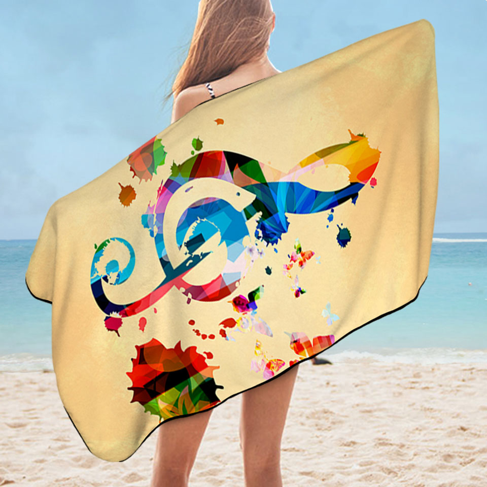 Colorful Treble Clef and Music Notes Microfibre Beach Towels