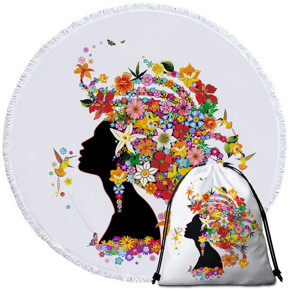 Colorful Tropical Beach Towels and Bags Set Flower Girl and Hummingbirds