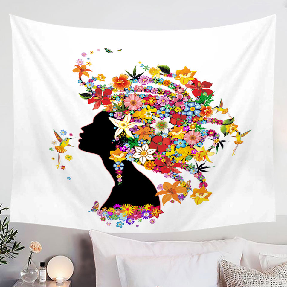Colorful Tropical Flower Girl and Hummingbirds Wall Decor Tapestry