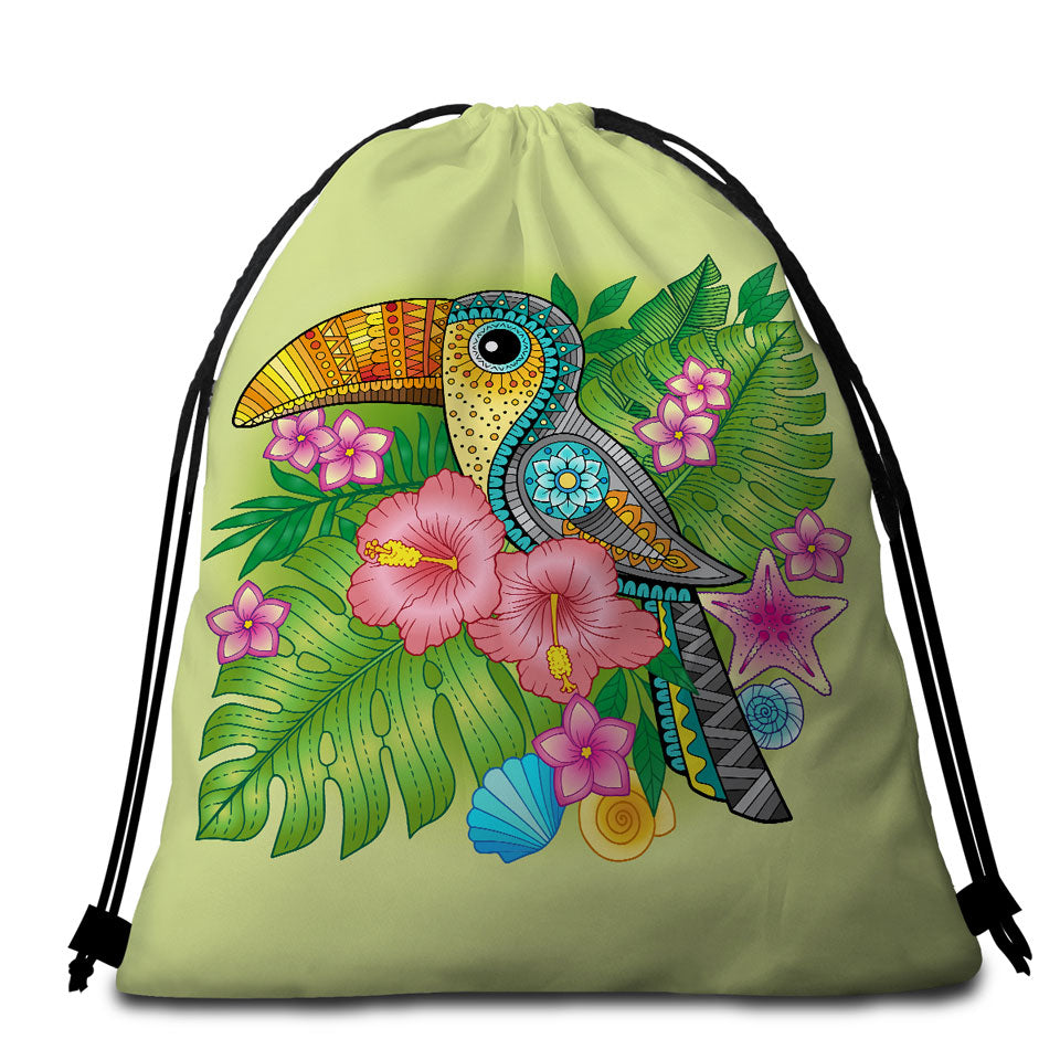 Colorful Tropical Flowers and Toucan Beach Towels and Bags Set