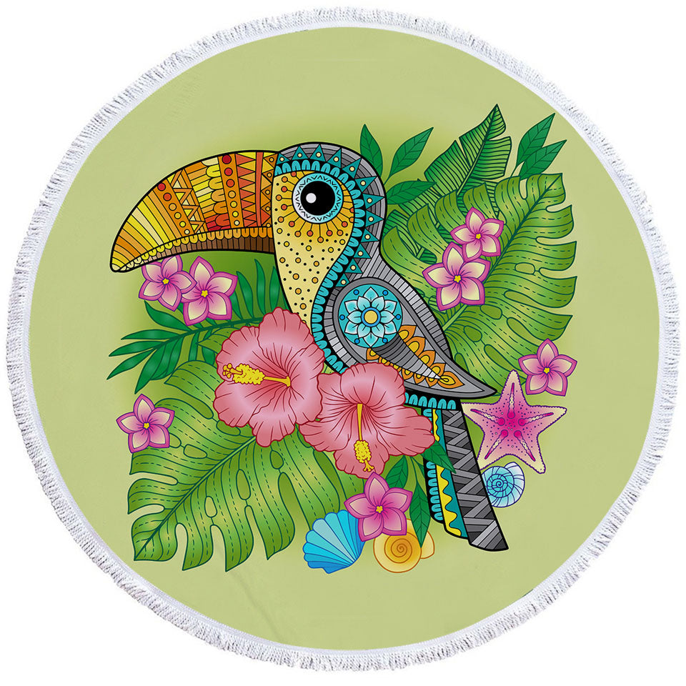Colorful Tropical Flowers and Toucan Beach Towels
