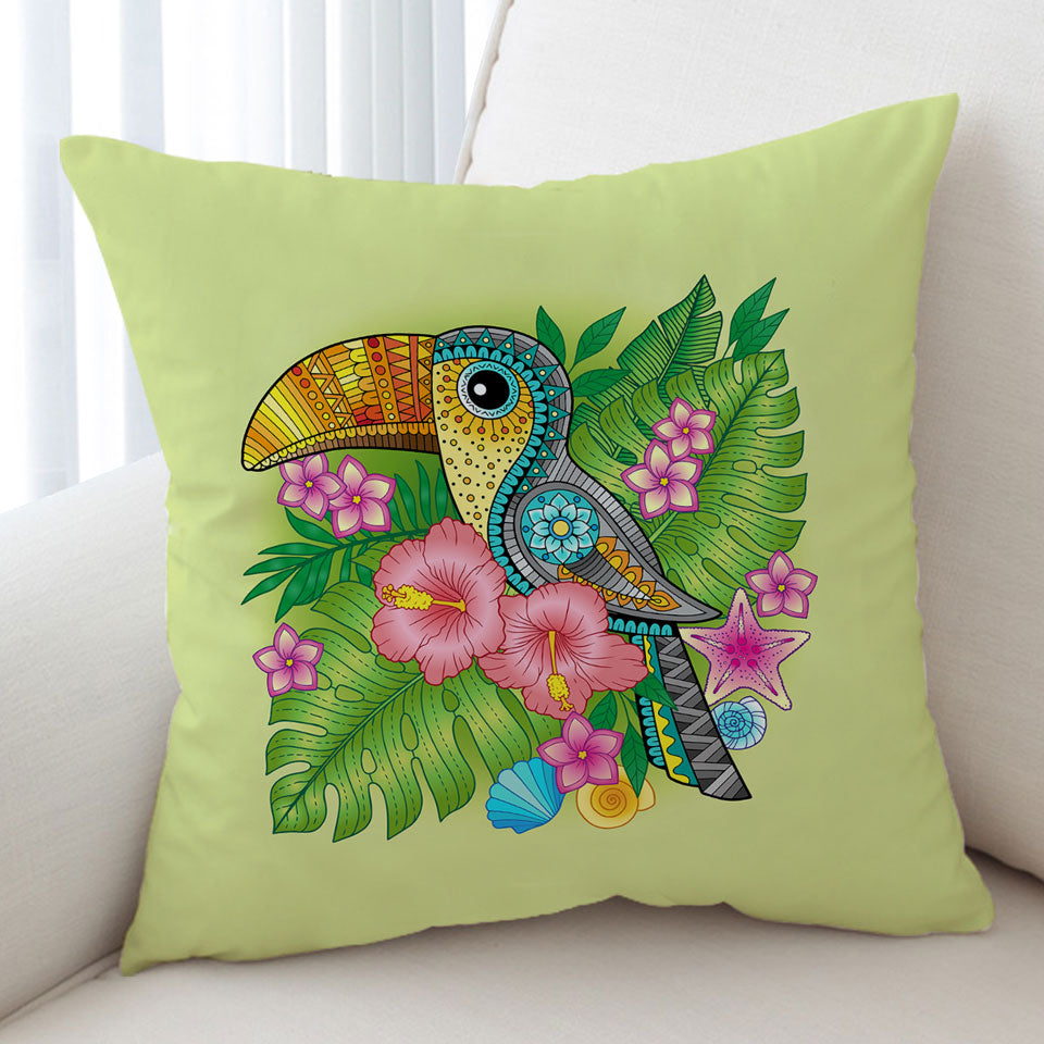 Colorful Tropical Flowers and Toucan Cushions