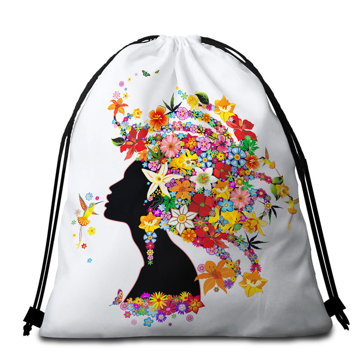 Colorful Tropical Packable Beach Towel Flower Girl and Hummingbirds