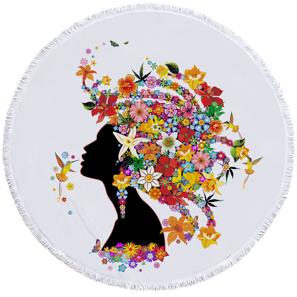 Colorful Tropical Round Beach Towel Flower Girl and Hummingbirds