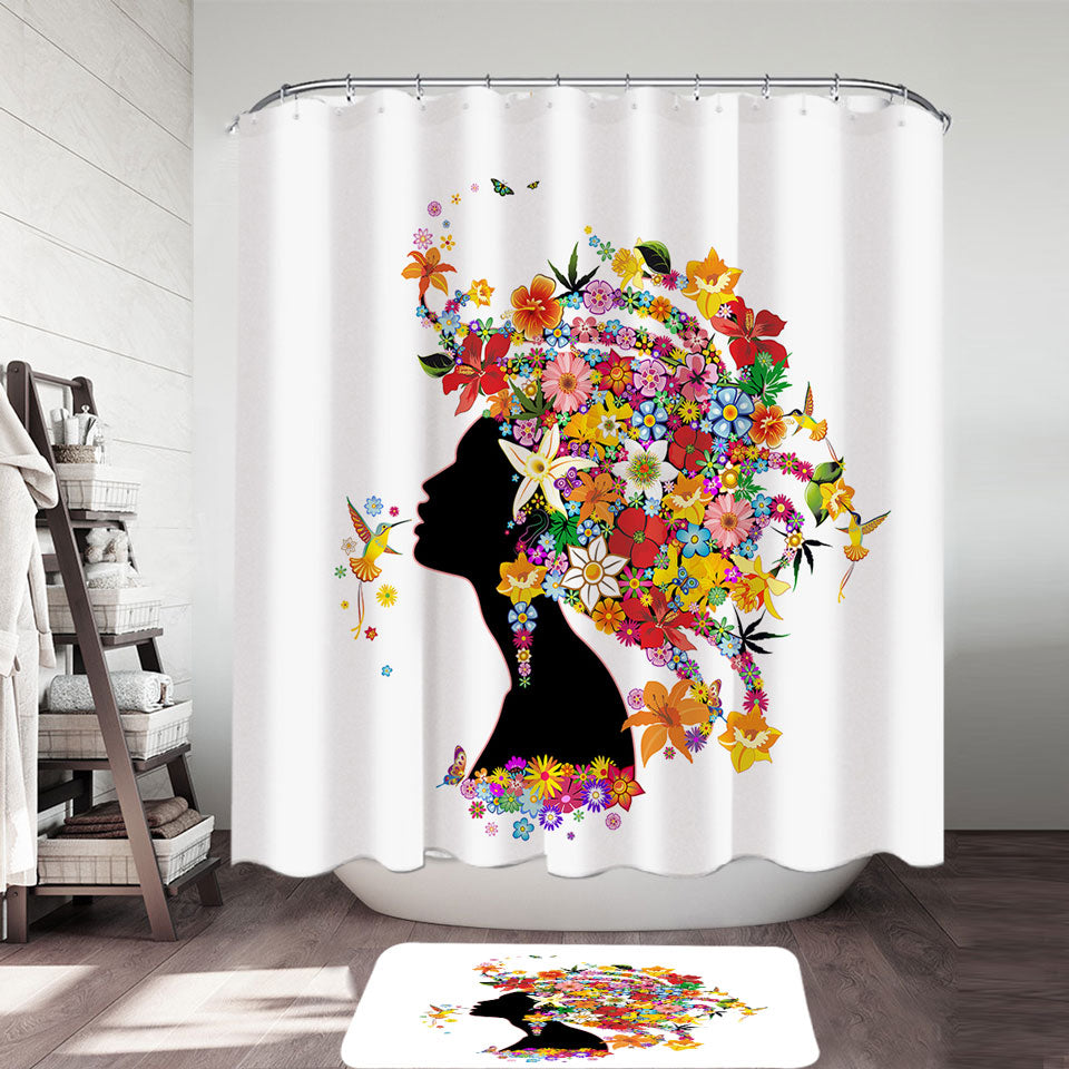 Colorful Tropical Shower Curtains Flower Girl and Hummingbirds