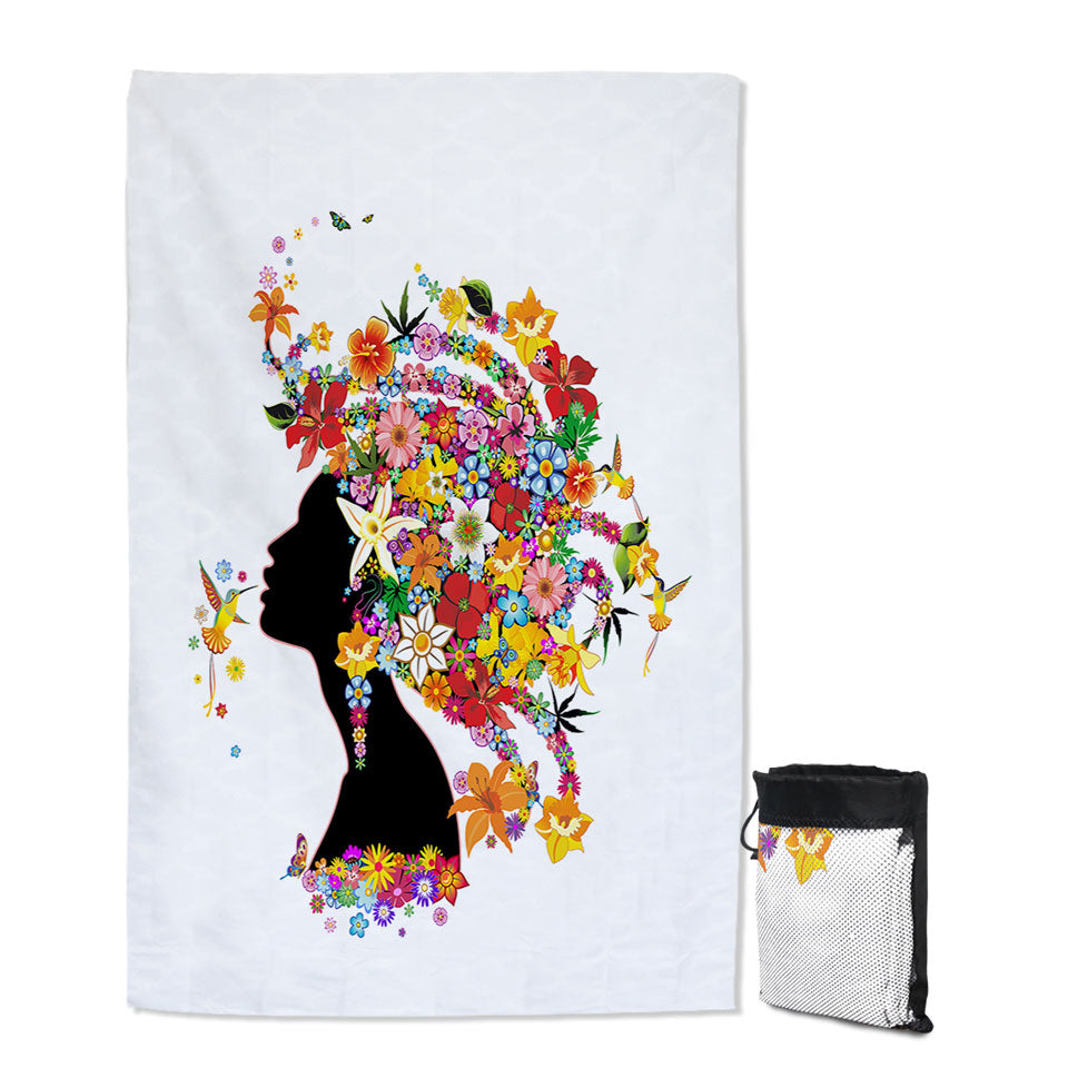 Colorful Tropical Travel Beach Towels Flower Girl and Hummingbirds