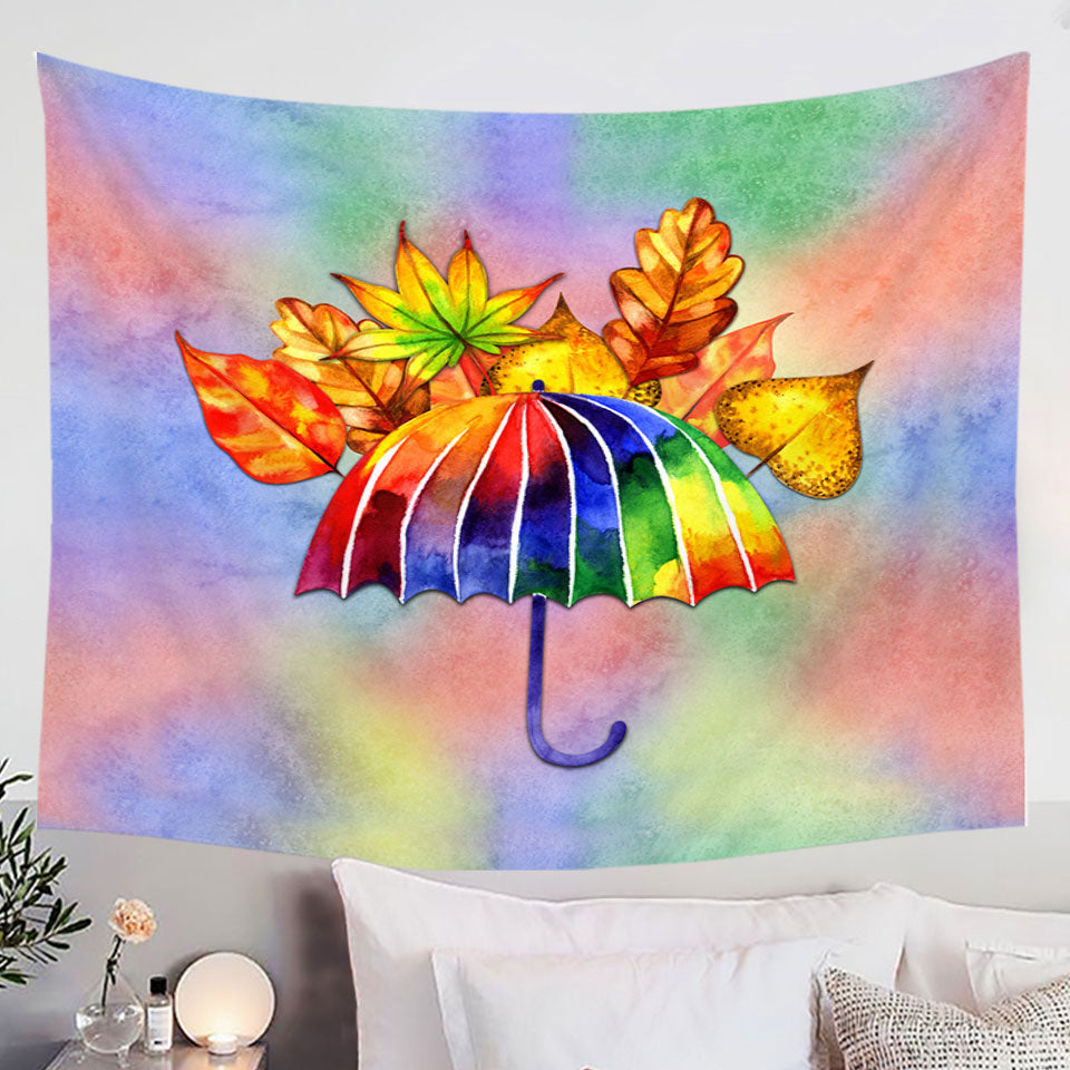 Colorful Umbrella and Autumn Leaves Wall Decor Tapestry