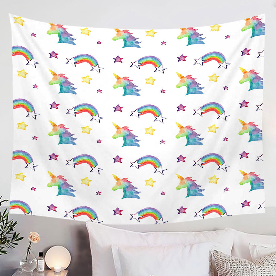 Colorful Wall Decor Tapestry with Rainbows Unicorns and Stars