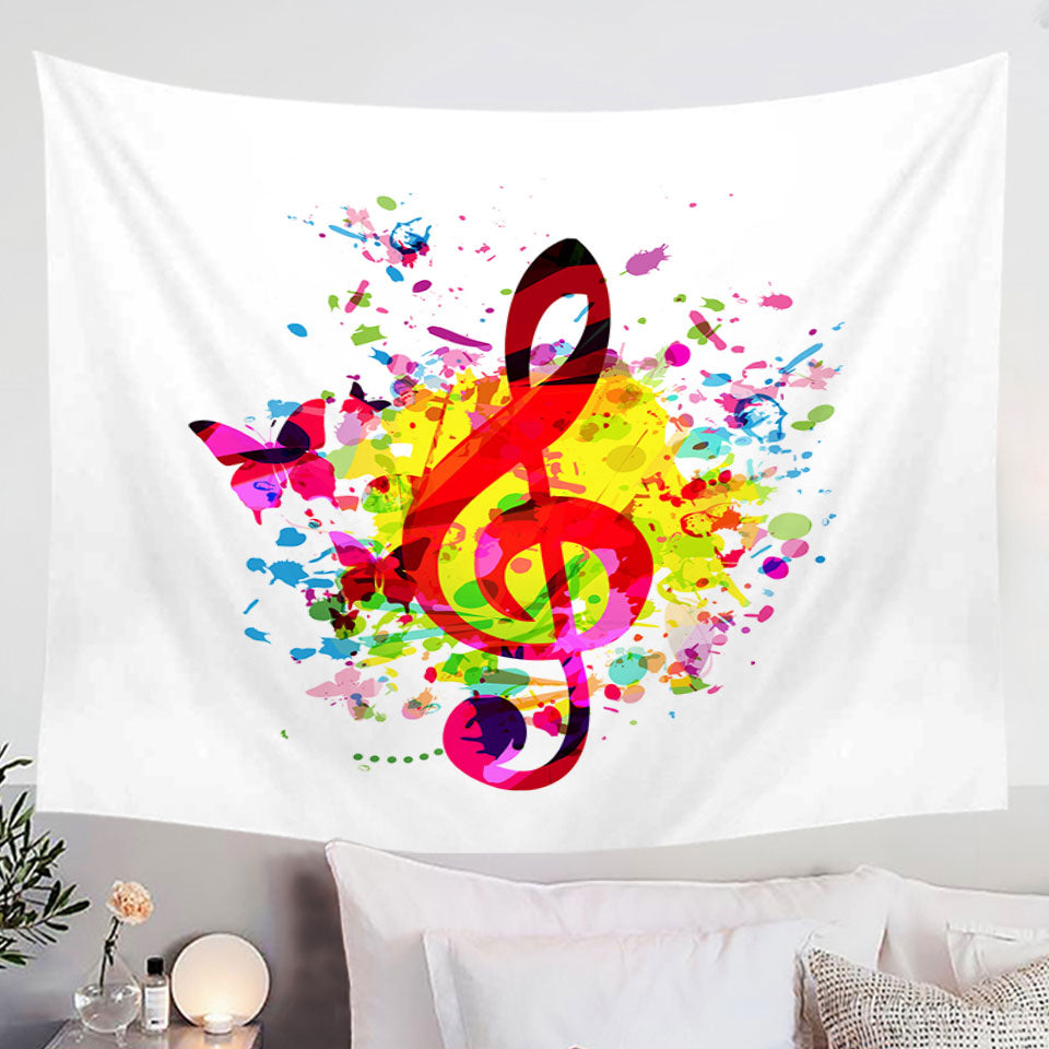 Colorful Wall Decor Tapestry with Splash Treble Clef and Butterflies