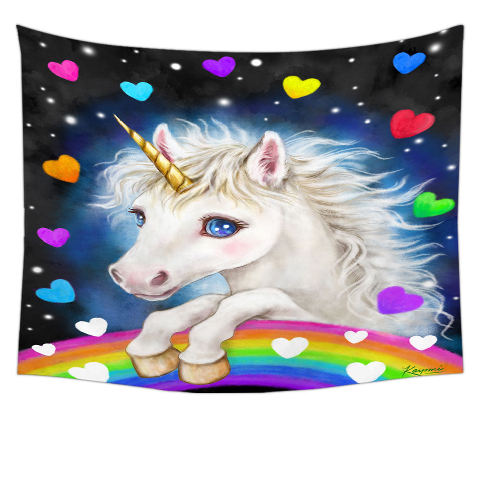 Colorful Wall Decor with Lovely Unicorn Rainbow and Hearts Tapestry