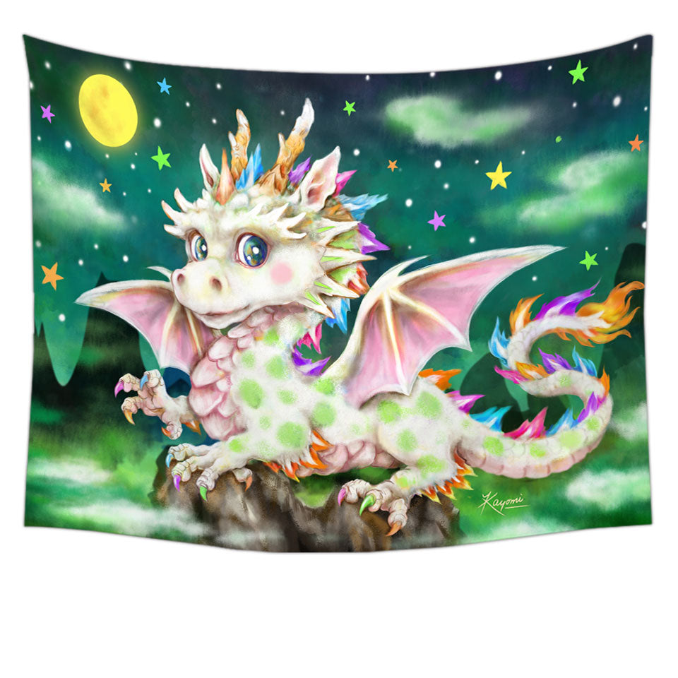Colorful Wall Tapestry Stars Moon and Magical Dragon