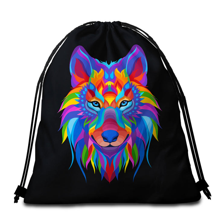 Colorful Wolf Beach Towels and Bags Set