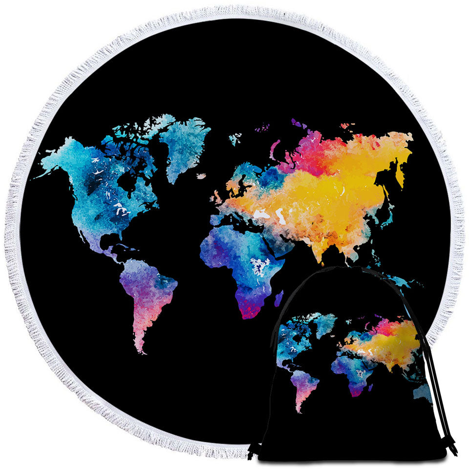 Colorful World Map Round Beach Towel