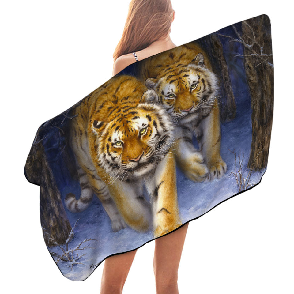 Cool Animal Art Two Tigers in the Siberian Forest Beach Towels