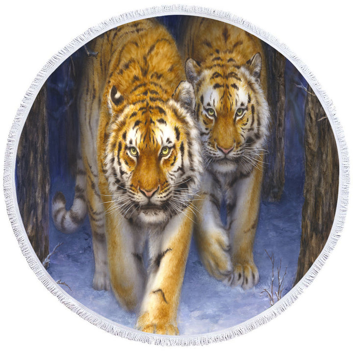 Cool Animal Art Two Tigers in the Siberian Forest Circle Beach Towel